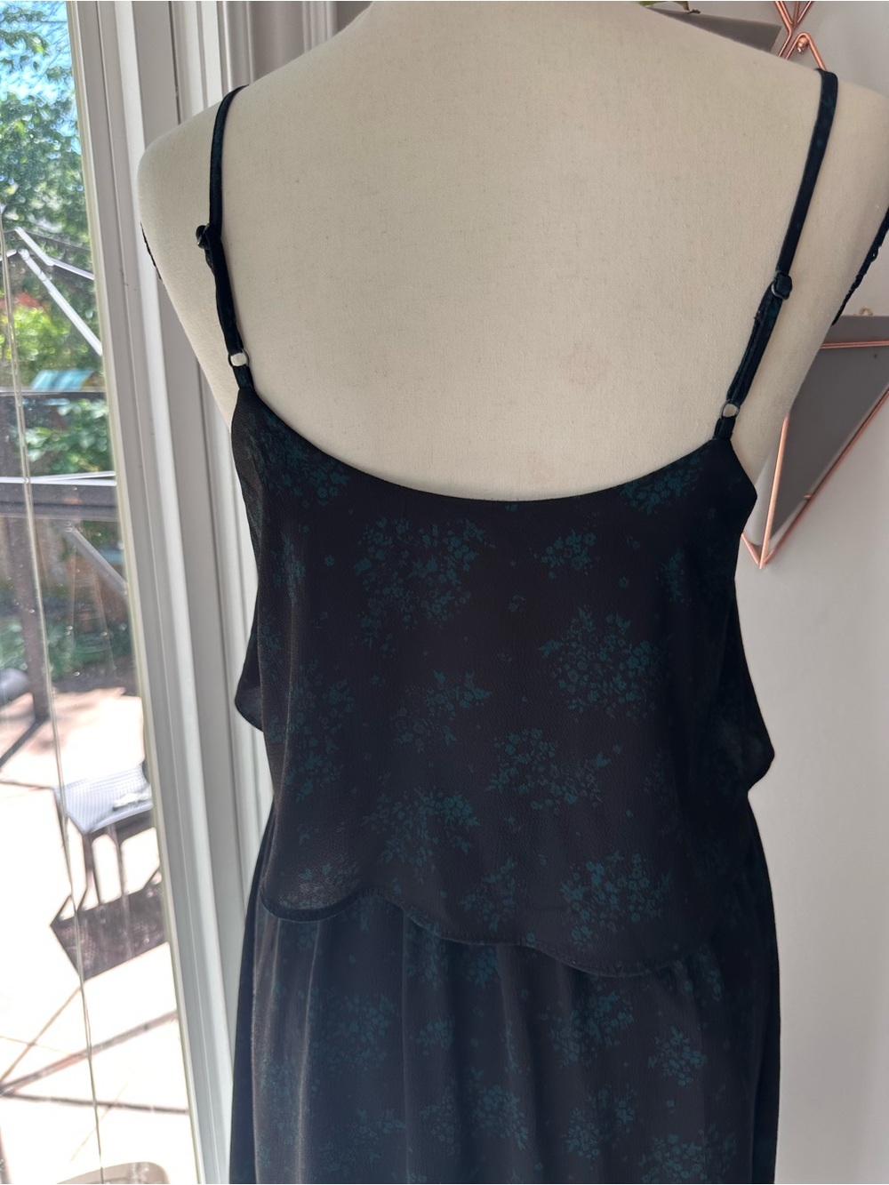 OAK + FORT Black Green Floral Ruffle Layered Spaghetti-Strap Midi Dress Size XS - Picture 7 of 13